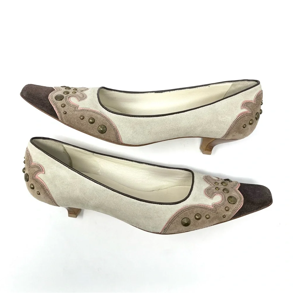 Vintage Miu Miu Y2K Western Suede Kitten Low Heels Pumps Beige Brown Pink 37 7